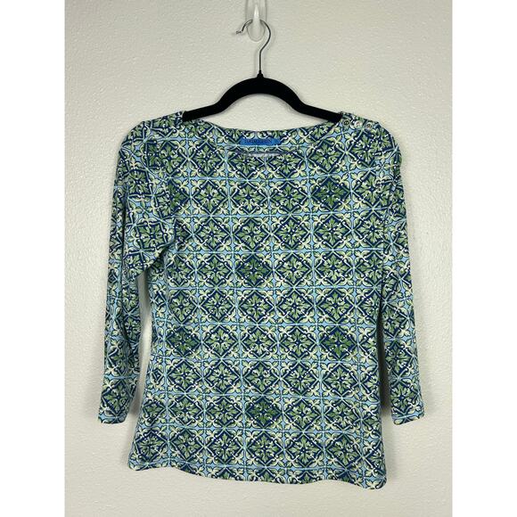 J. Mclaughlin Catalina Cloth 3/4 Sleeve Printed Top Green Sz XS Preppy Coastal - Picture 2 of 7